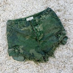 We The Free by Free People CommanderCut Off Camo Cargo Shorts, Distressed Button